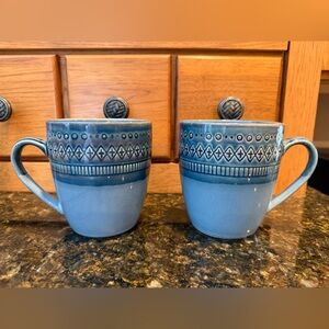 Set of 2 Threshold Kingsland Blue Patterned Stoneware Mugs coffee cups